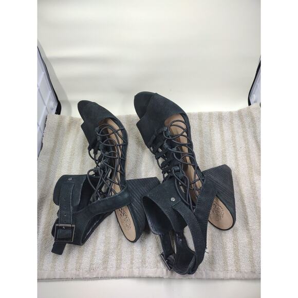 Vince Camuto Evel Women's Black Leather Caged Stacked Heel Sandals size 8.5M - Picture 6 of 12